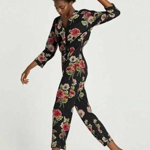 NWT Zara Floral Printed Crossover Black Jumpsuit